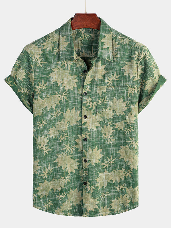 Men's Casual Hawaiian Retro Shirt With Vacation Leaf Pocket