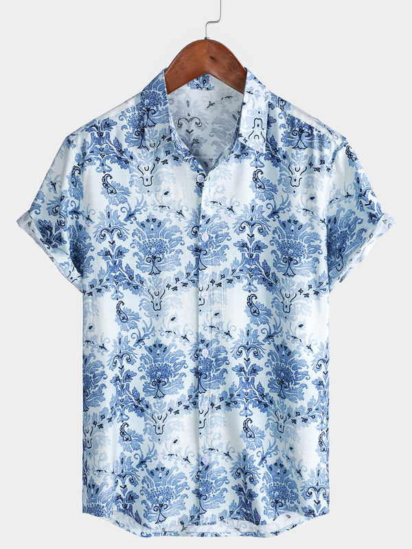 Men's Blue Hawaiian Short-Sleeved Shirt With Floral Pattern