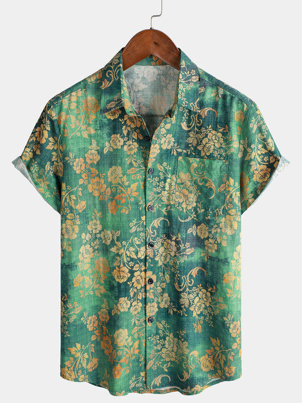 Men's Green Short-Sleeved Shirt With Floral Print And Pocket
