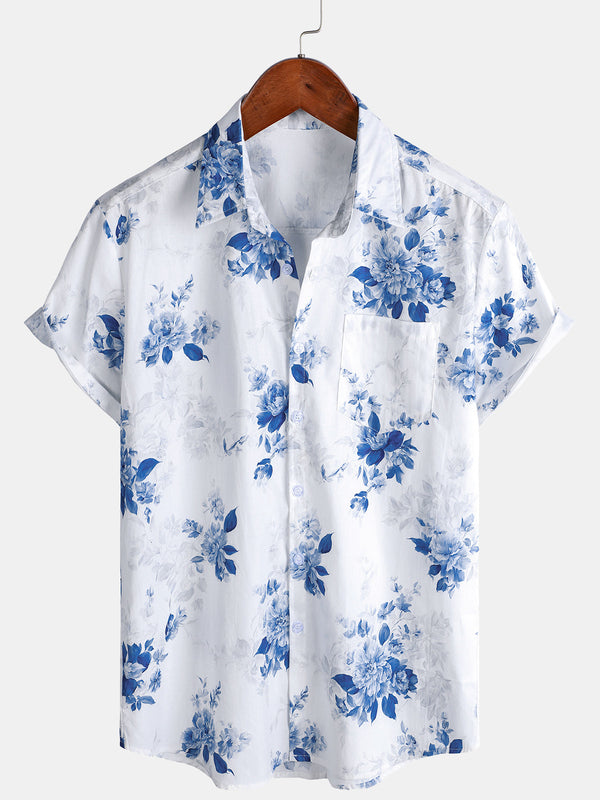 Men's Blue Floral Print Short-Sleeved Hawaiian Shirt