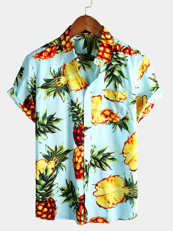 Men's Pocket Shirt Made Of Cotton With Tropical Pineapple Motif