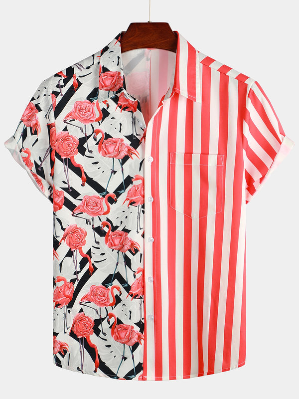 Men's Casual Shirt With Flamingo And Stripe Patchwork Pockets