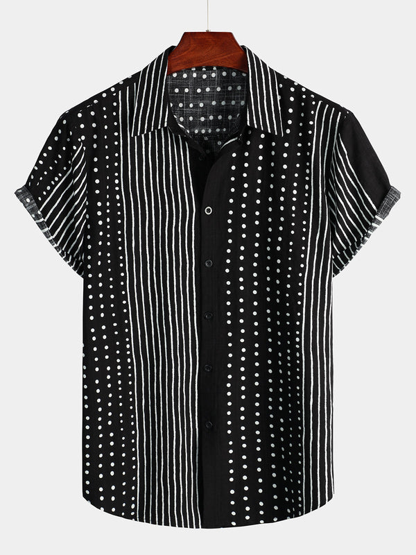 Men's Black Striped And Dotted Retro Short-Sleeved Shirt