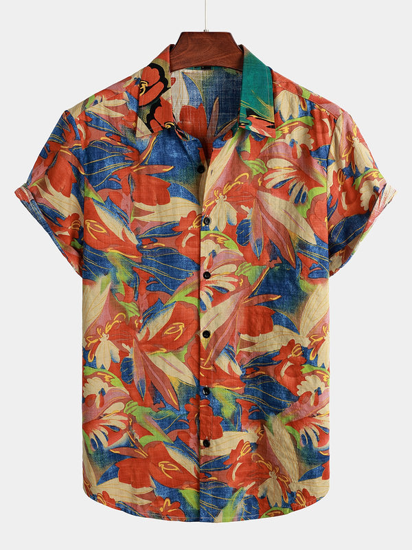Men's Retro-Style Short-Sleeved Button-Down Cotton Shirt