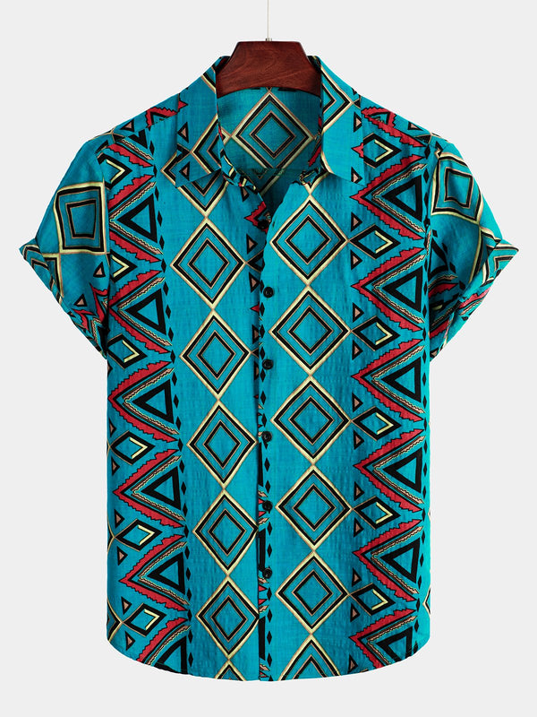 Men's Short-Sleeved Retro-Style Cotton Shirt In Blue