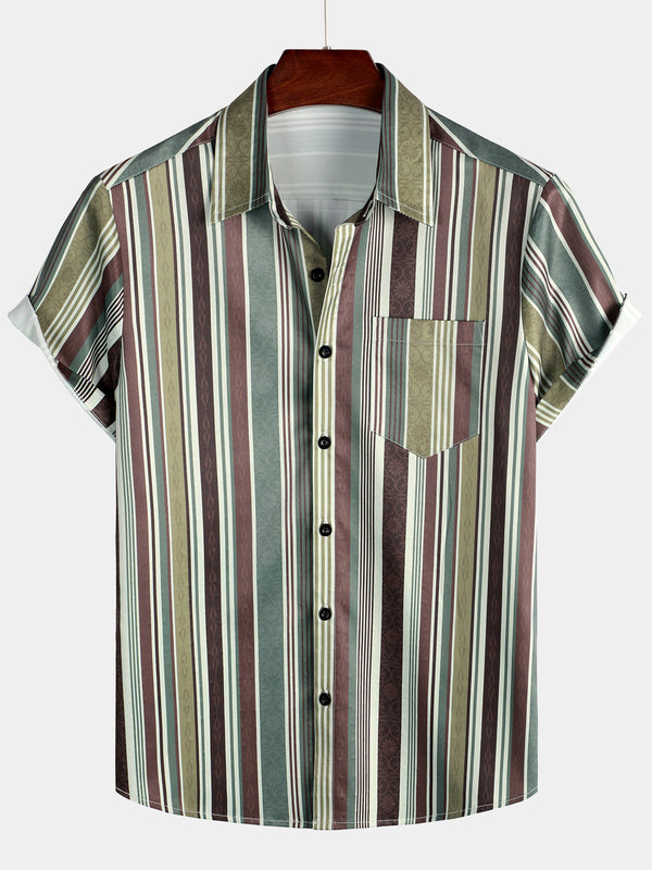 Men's Vintage Green And Brown Vertical Striped Short Sleeve Button Down Shirt With Pocket