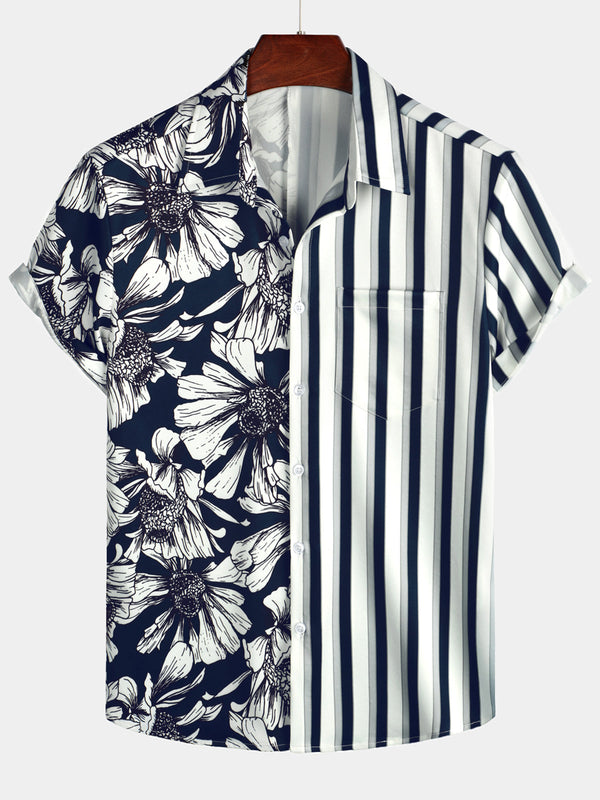 Men's Navy Blue Vertical Striped Short Sleeve Floral Shirt