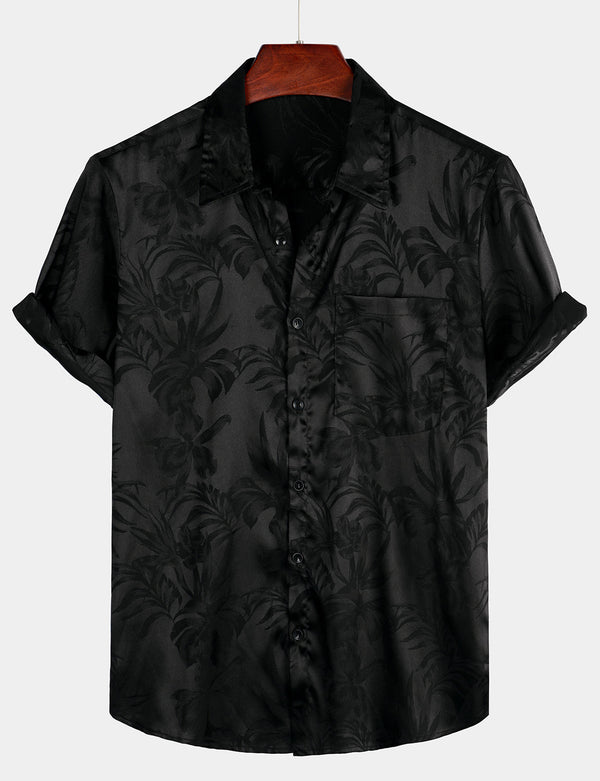 Men's Summer Jacquard Casual Button-Down Floral Print Short Sleeve Beach Shirt