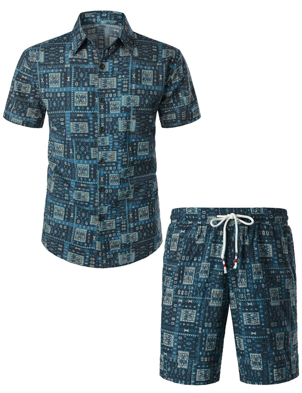 Men's Vintage Boho Style Short Sleeve Matching Shirt And Shorts Set