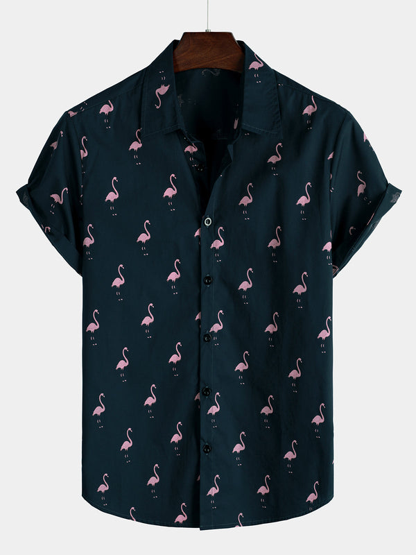 Men's Tropical Flamingo Animal Button Down Casual Short Sleeve Hawaiian Vacation Shirt