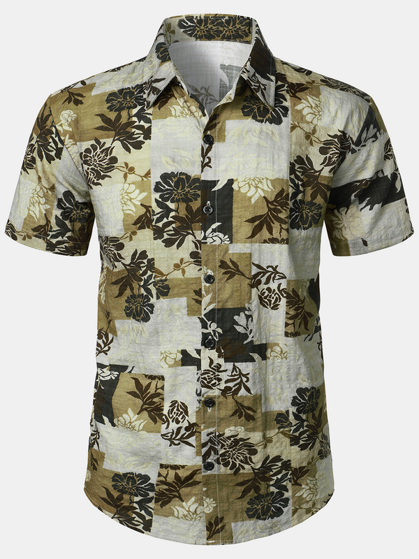 Men's Vintage Beach Floral Print Short Sleeve Button Down Shirt