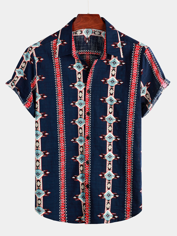 Men's Navy Blue Retro Short-Sleeved Cotton Shirt