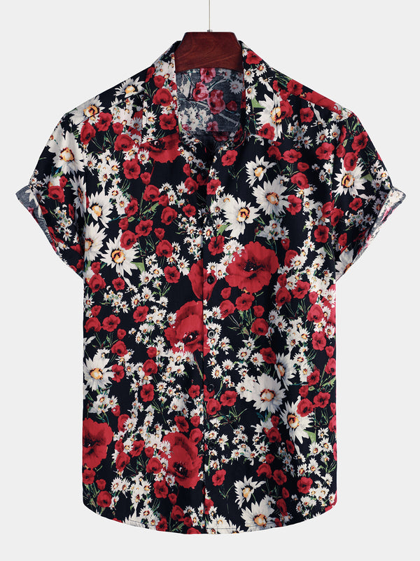 Men's Summer Rose And Daisy Floral Print Shirt, Casual Floral Short Sleeve Shirt