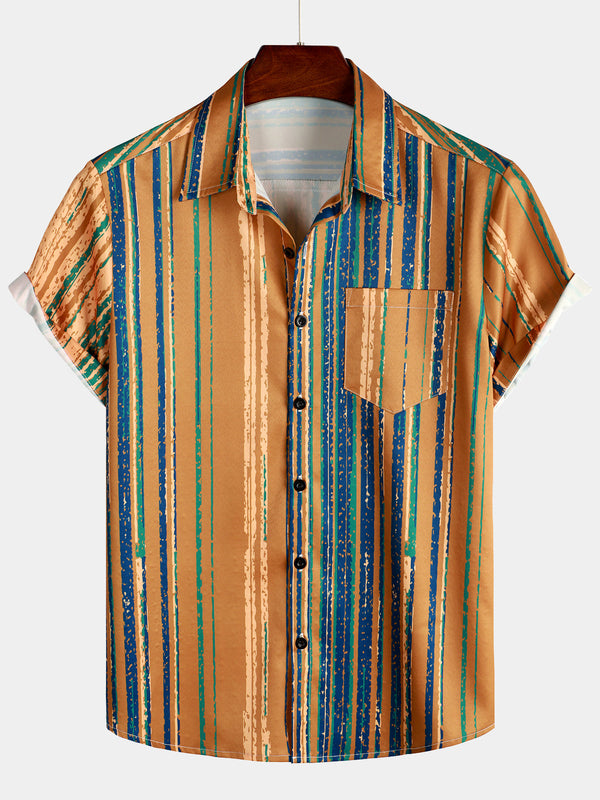 Men's Vintage Yellow And Blue Vertical Striped Short Sleeve Button Down Shirt With Pocket