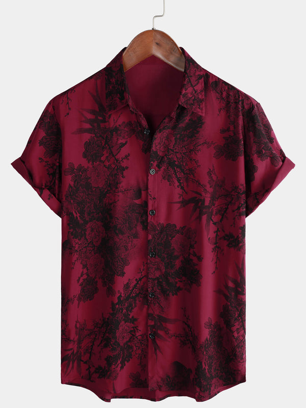 Men's Red Vintage Floral Print Summer Holiday Hawaiian Breathable Button Down Short Sleeve Shirt