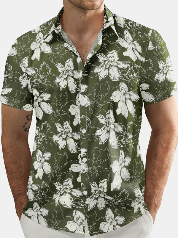 Men's Hawaiian Shirt With Floral Pattern, Summer And Beach Green, Short Sleeve