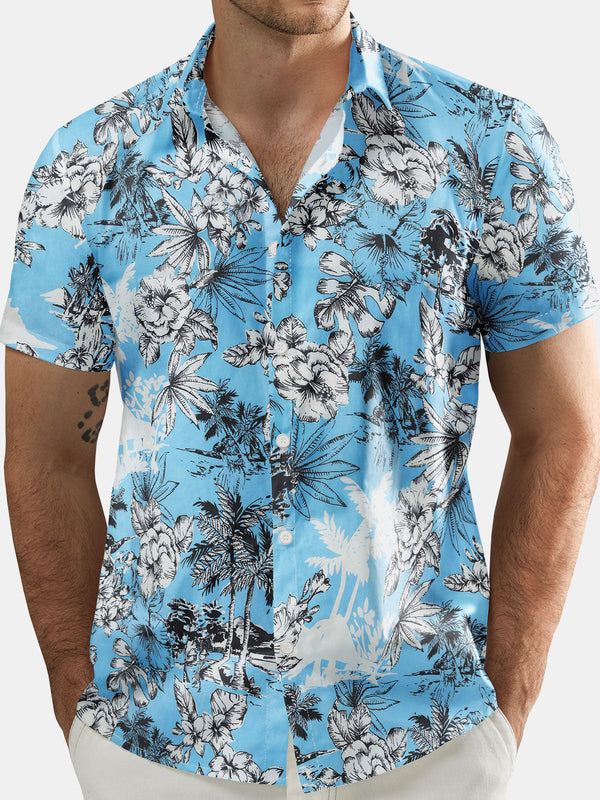 Hawaiian Short-Sleeved Button-Down Shirt For Summer Vacation, Tropical Print