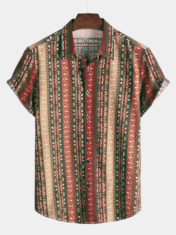 Men's Vintage Floral Vertical Striped 70S Button-Up Cotton Brown Orange Bohemian Short Sleeve Shirt