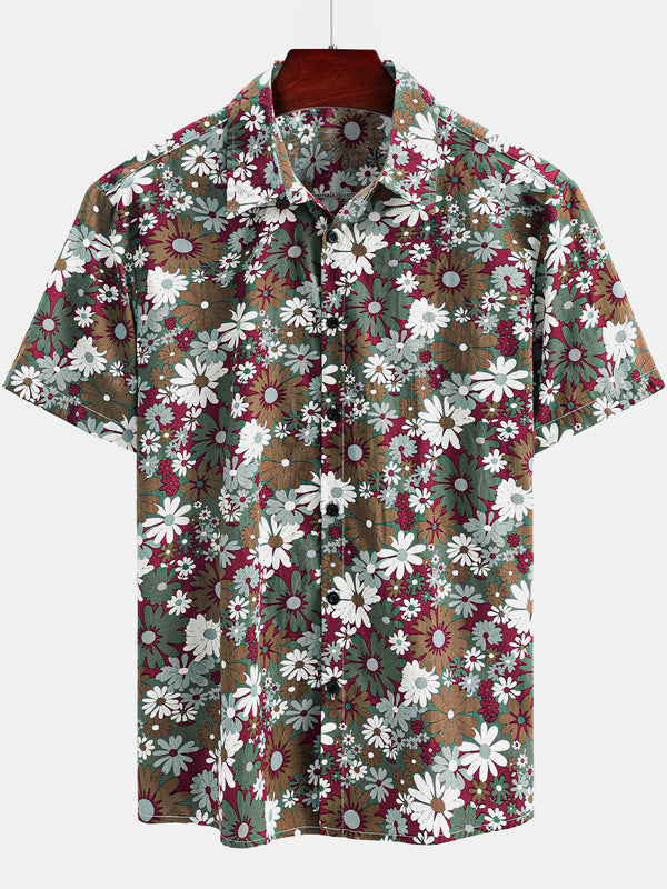 Men's Cotton Hawaiian Shirt With Floral Print, Casual, Khaki, Short Sleeve