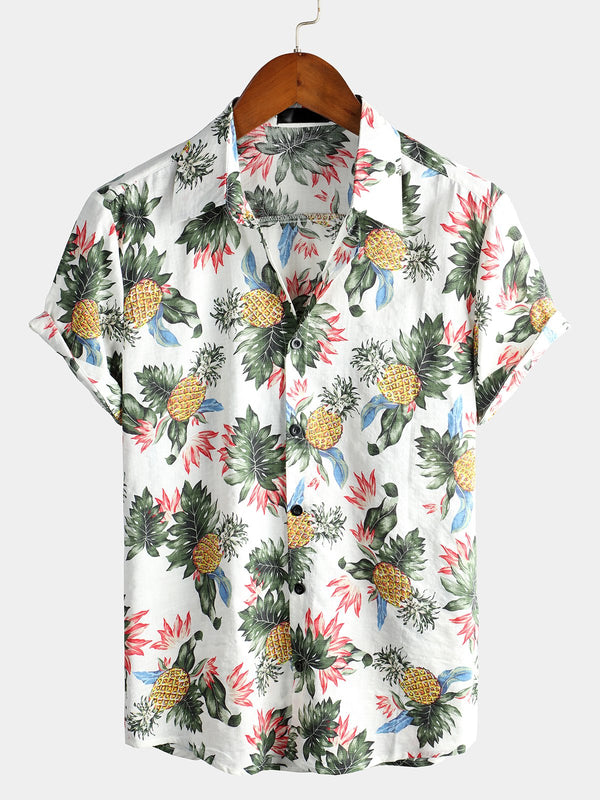 Men's Short-Sleeved Cotton Shirt With Hawaiian Pineapple Print