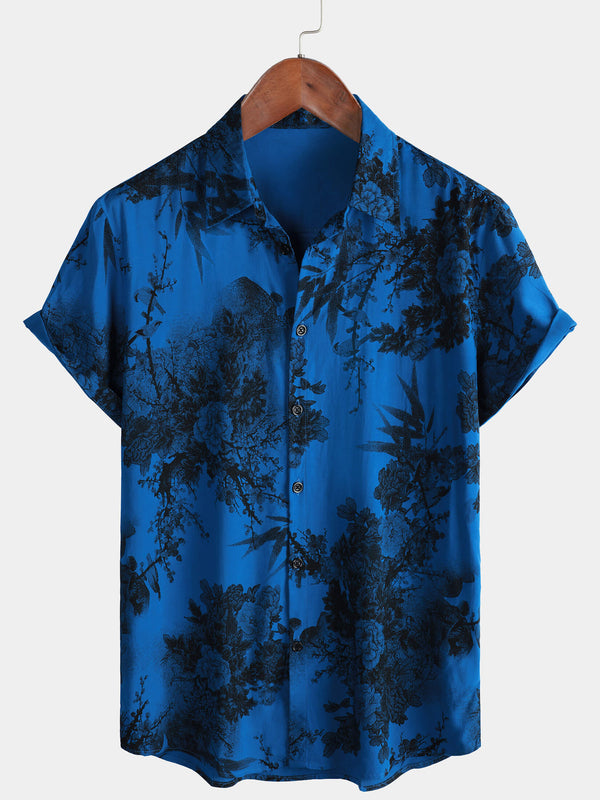 Men's Blue Vintage Floral Print Summer Vacation Hawaiian Breathable Button-Down Short-Sleeved Shirt