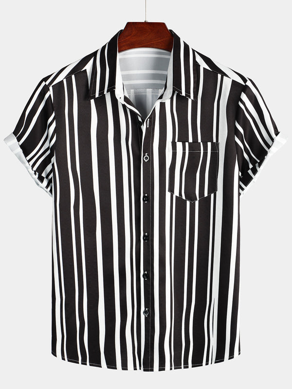 Summery Black And White Vertical Striped Short-Sleeved Men's Shirt With Pockets