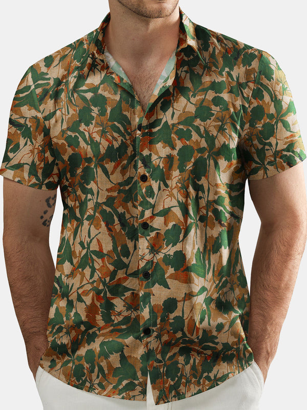 Men's Green Floral Holiday Pocket Summer Short Sleeve Button Down Shirt