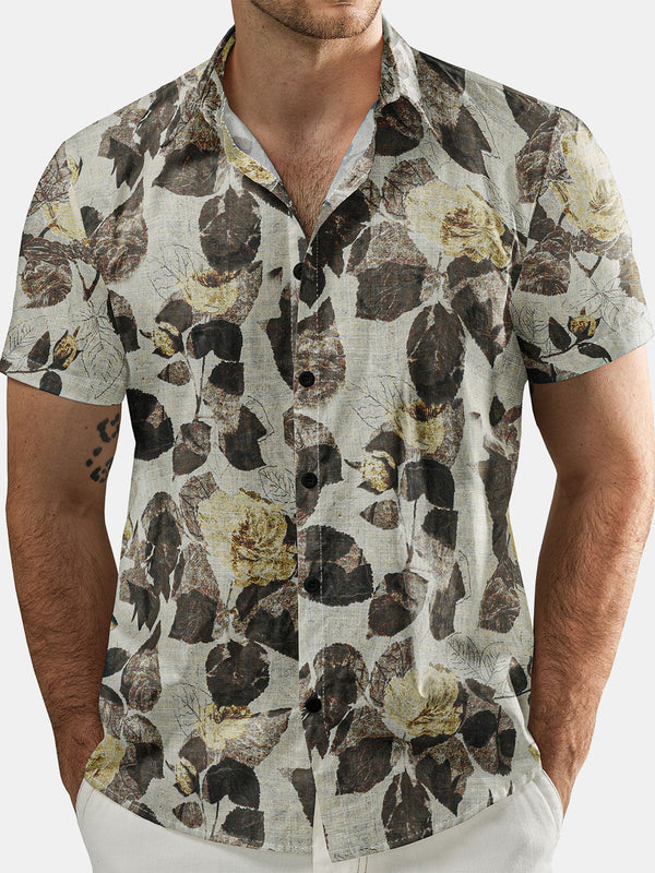 Men's Floral Print Vintage Short Sleeve Retro Beach Cotton Button Down Shirt