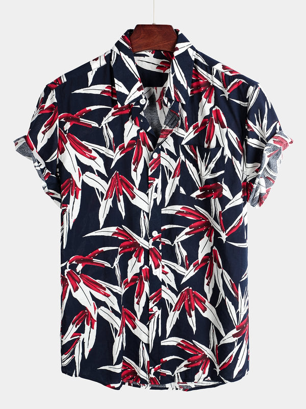 Men's Navy Blue Short-Sleeved Floral Cotton Shirt