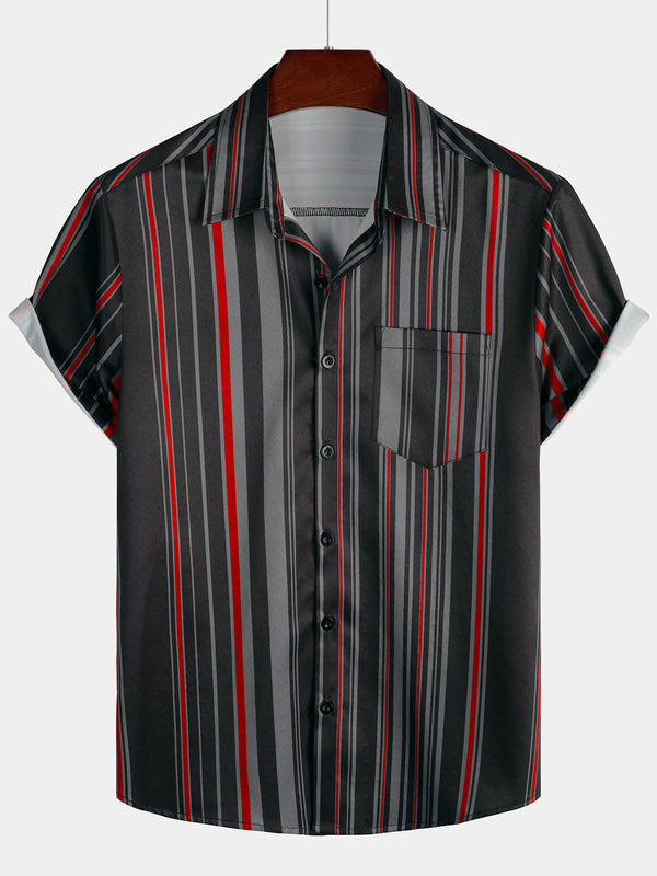 Men's Retro Black And Red Vertical Striped Vintage 70S Short Sleeve Shirt With Pocket