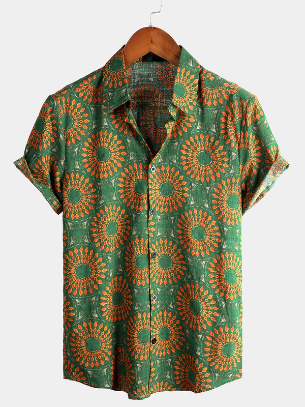 Men's Vintage 70S Style Cotton Casual Shirt With Short Sleeves