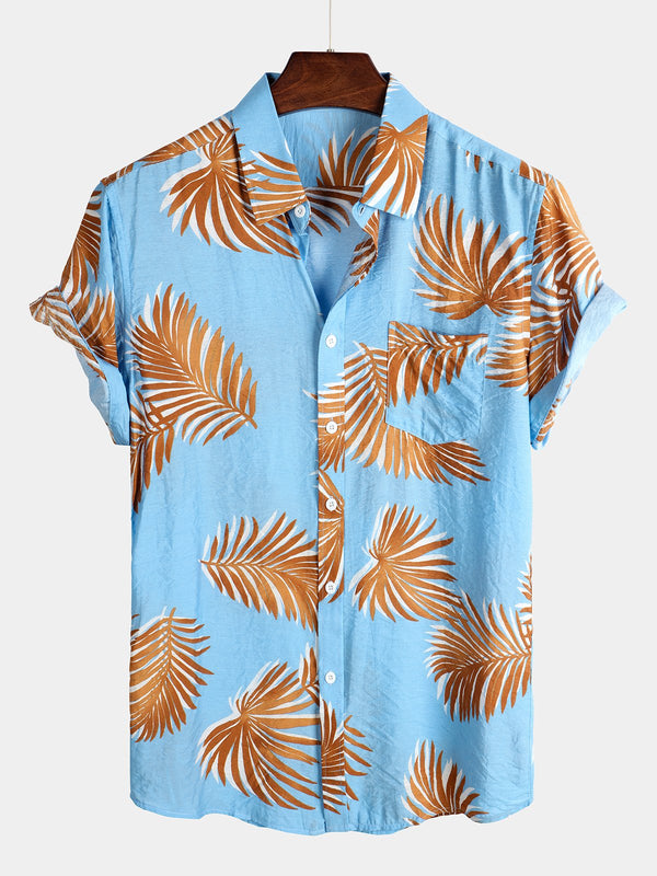 Men's Short-Sleeved Cotton Shirt With Floral Pattern, Holiday Blue