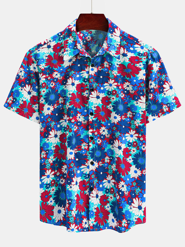 Casual Short-Sleeved Hawaiian Shirt For Men With Floral Print Made Of Cotton In Blue