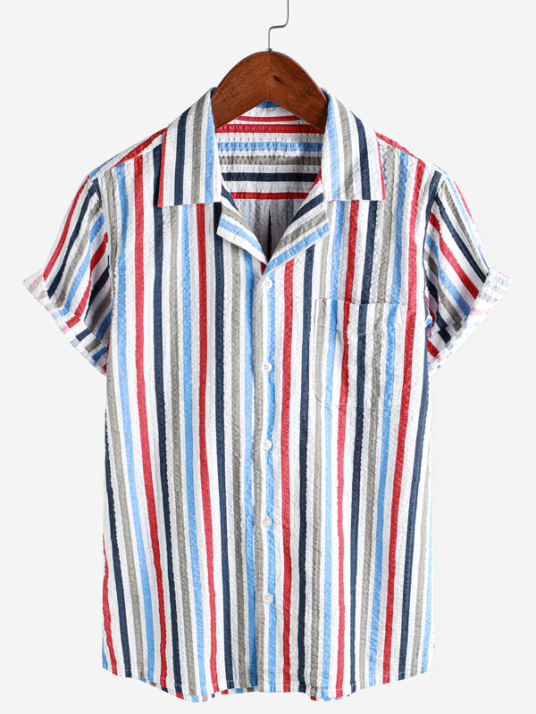 Men's Casual 100% Cotton Striped Pocket Shirt And Hawaiian Holiday Short Sleeve Button Down Shirt