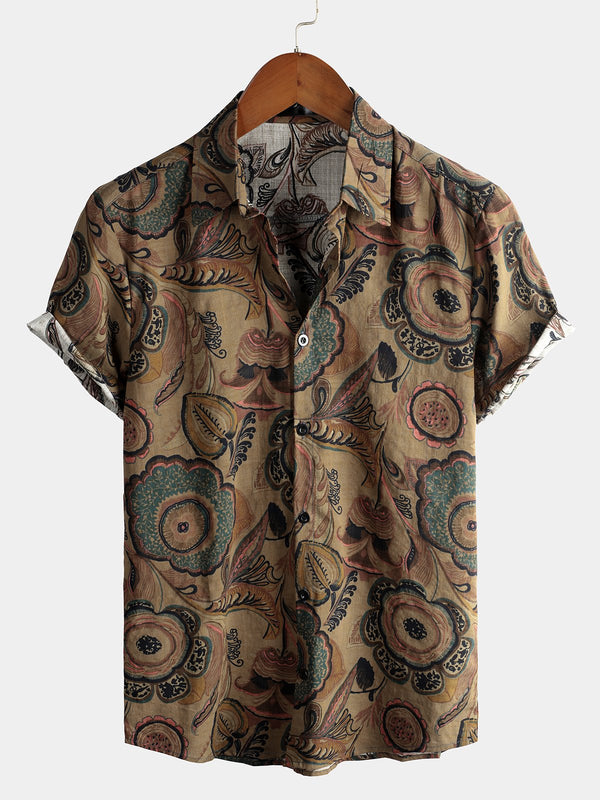 Men's Retro Casual Short-Sleeved Cotton Shirt In Brown