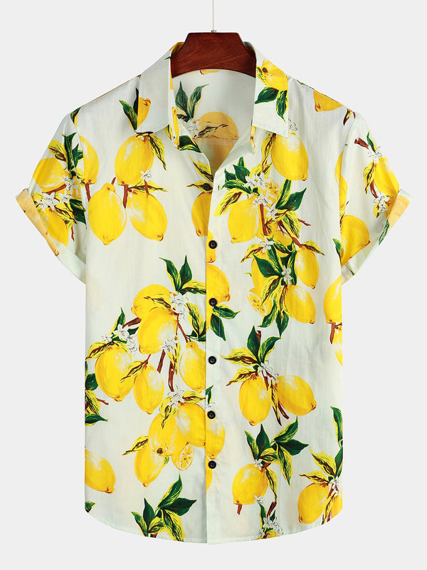 Men's Hawaiian Short-Sleeved Shirt With Tropical Yellow Lemon Pattern