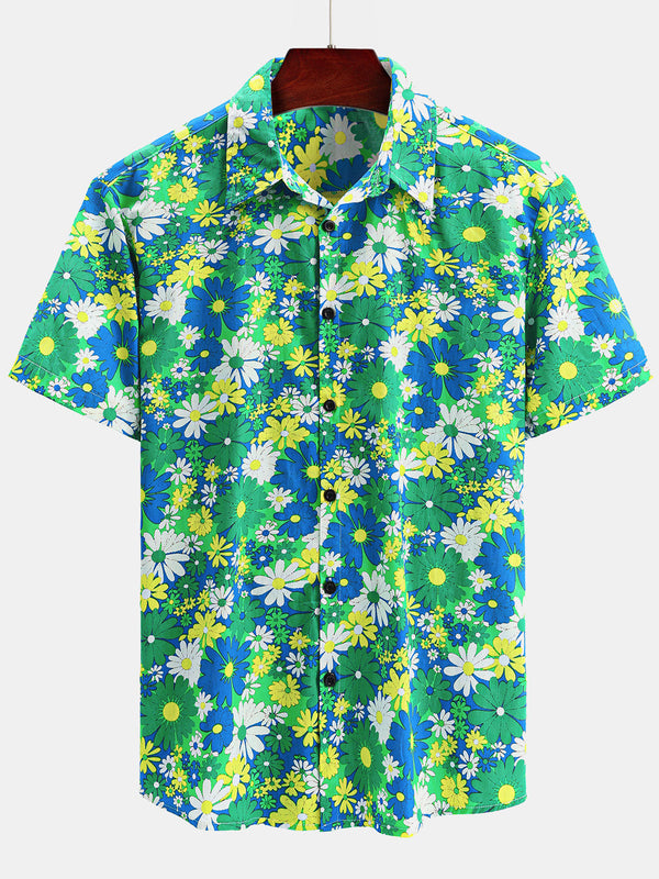 Men's Hawaiian Shirt Cotton Floral Print Casual Green Short Sleeve