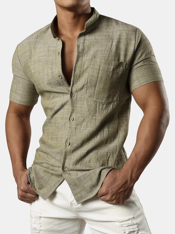 Men's Casual Cotton Linen Henley Shirt With A Pocket And Short Sleeves For The Beach In Hawaiian Style