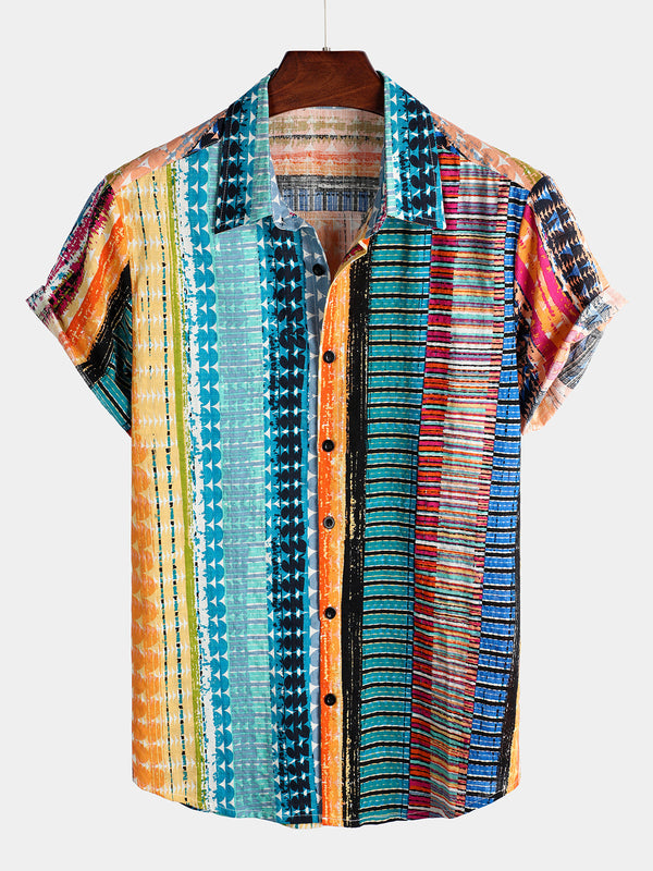 Men's Colorful Casual Striped Retro Short Sleeve Shirt