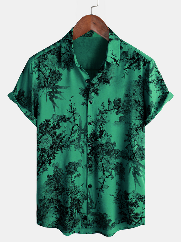 Men's Vintage Hawaiian Rayon Floral Print Holiday Short Sleeve Button Down Shirt