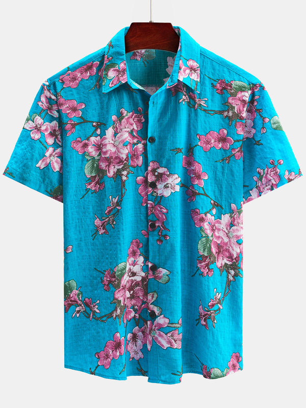 Men's Summer Hawaiian Shirt Made Of Breathable Cotton With Floral Pattern For Vacation, Short Sleeves