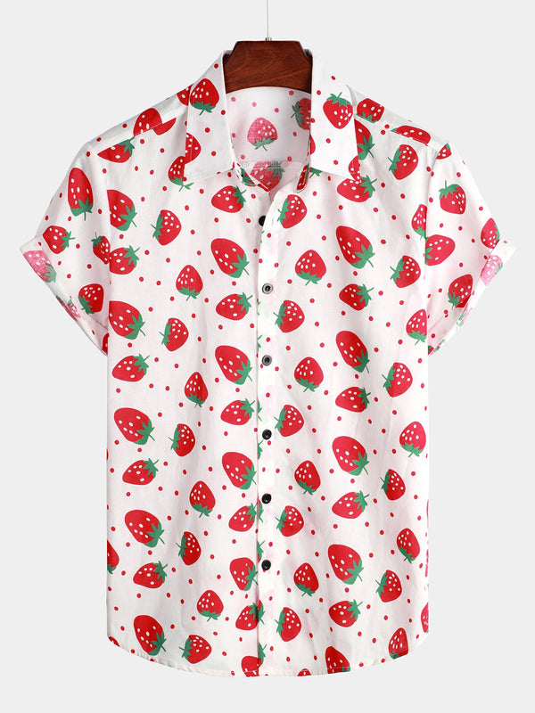 Men's Hawaiian Resort Cotton Shirt With Strawberry Print And Fruit Cotton, Button-Down