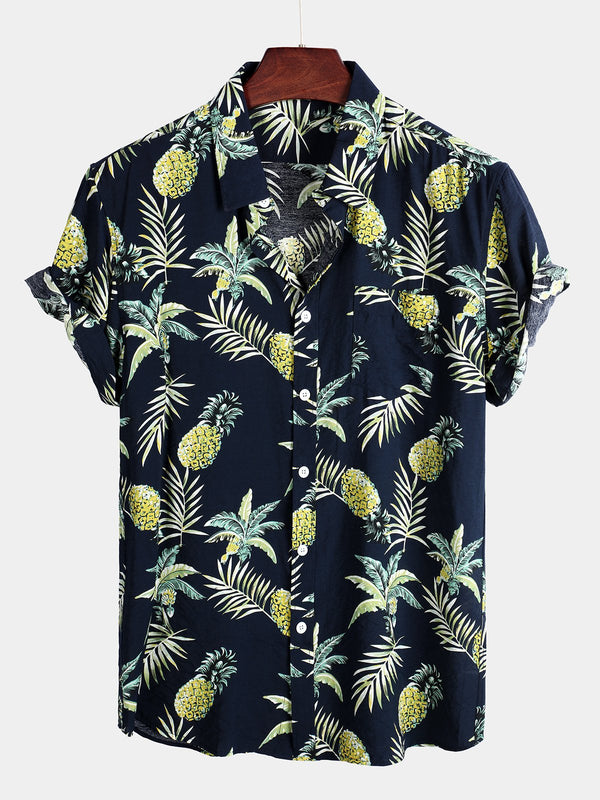 Men's Cotton Shirt With Tropical Fruits And Pineapple
