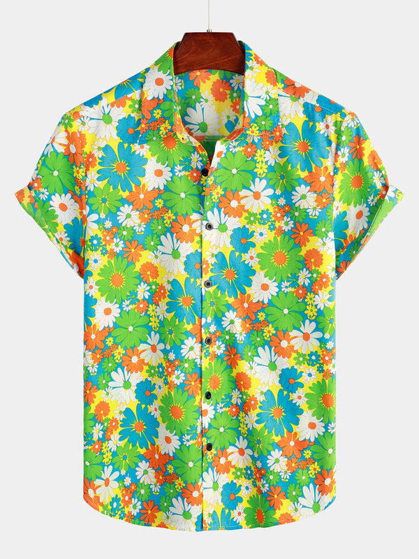 Tropical Hawaiian Shirt In Green Cotton With Floral Pattern For Men