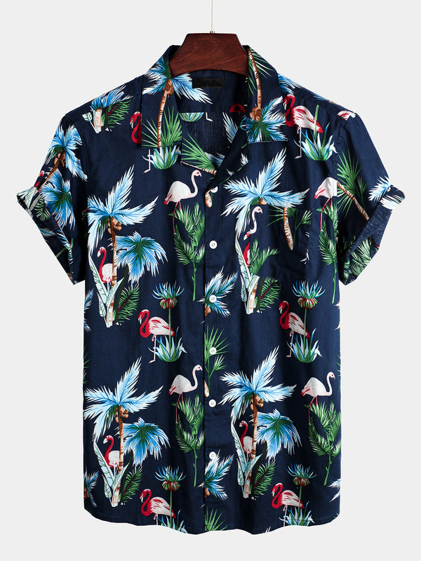 Men's Navy Blue Hawaiian Short-Sleeved Cotton Shirt With Flamingo Print