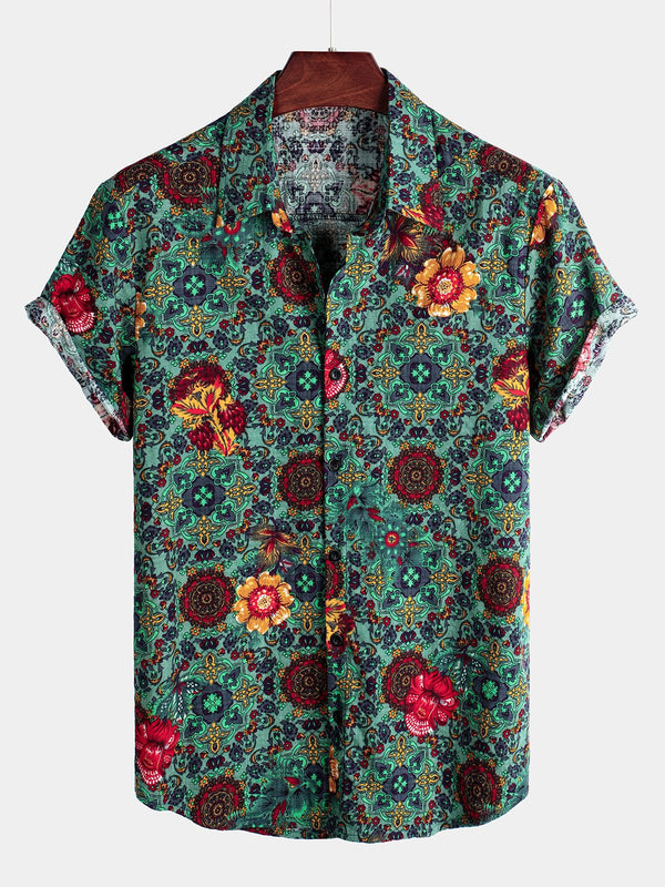 Men's Hawaiian Cotton Shirt With Vintage Floral Print And Short Sleeves