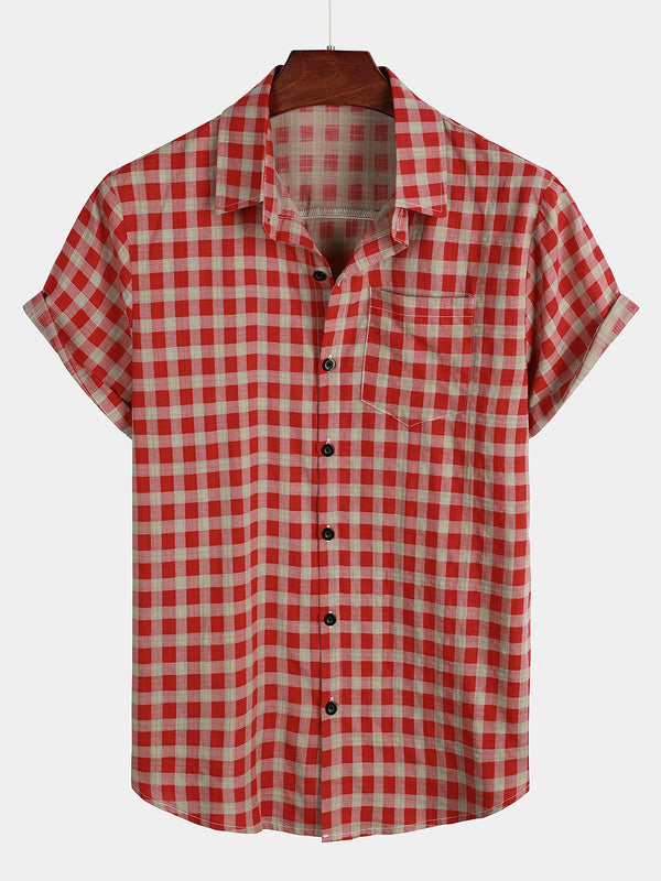 Men's Short-Sleeved Cotton Shirt With Checked Pattern And Pocket