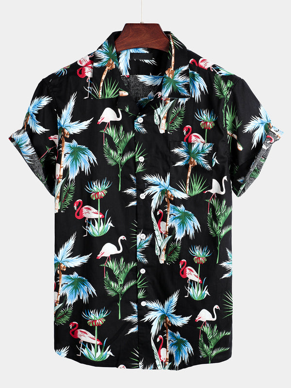Men's Black Cotton Hawaiian Short-Sleeved Shirt With Flamingo Print