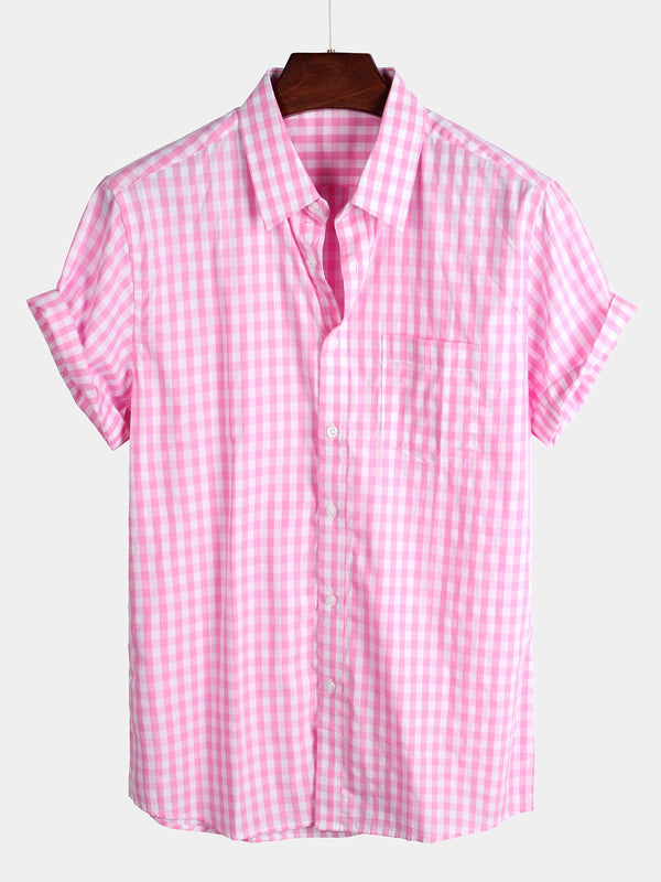 Men's Casual Solid Color Checked Cotton Pocket Shirt