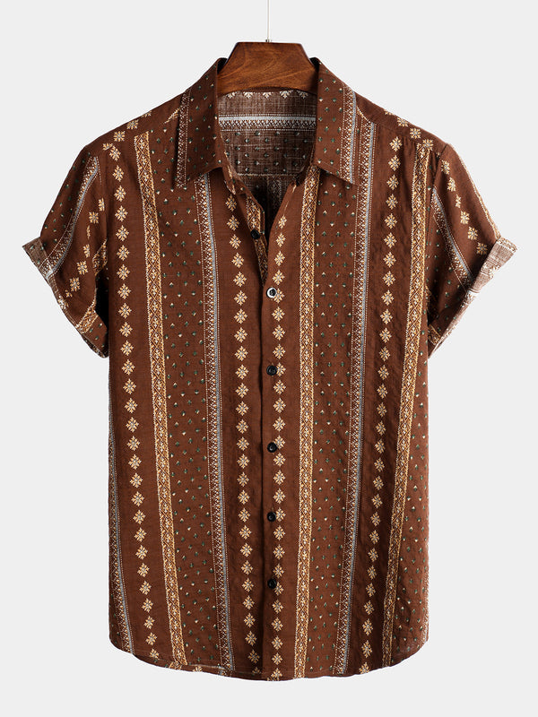 Men's Retro-Style Short-Sleeved Cotton Shirt With 70S-Style Buttons
